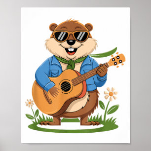 Happy Groundhog Day Playing Guitar Funny Animal Lo Poster
