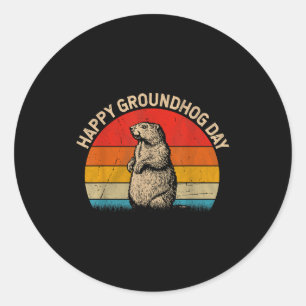 Happy Groundhog Day Retro Sunset Funny Animal Love Classic Round Sticker