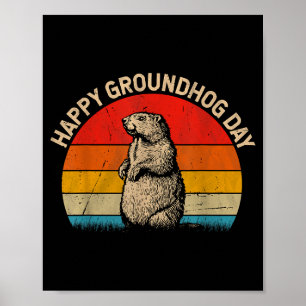 Happy Groundhog Day Retro Sunset Funny Animal Love Poster