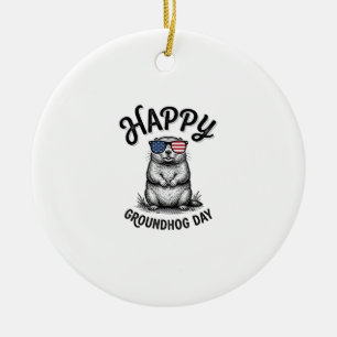 Happy Groundhog Day Vintage Engraving Shirt Design Ceramic Ornament