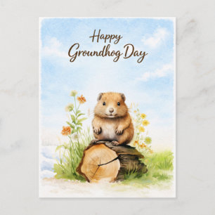 Happy Groundhog Day Watercolor Greeting Holiday Postcard