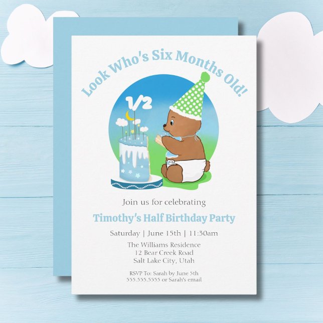 Happy Half Birthday Baby Bear with Cake Party Invitation (Creator Uploaded)