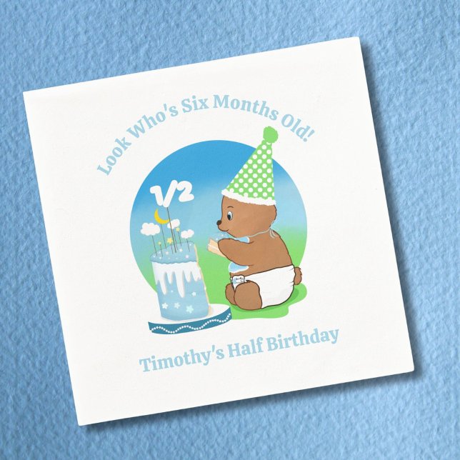 Happy Half Birthday Baby Bear with Cake Party Napkin (Creator Uploaded)