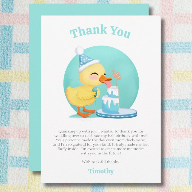 Happy Half Birthday Baby Duck with Cake Party Thank You Card (Creator Uploaded)
