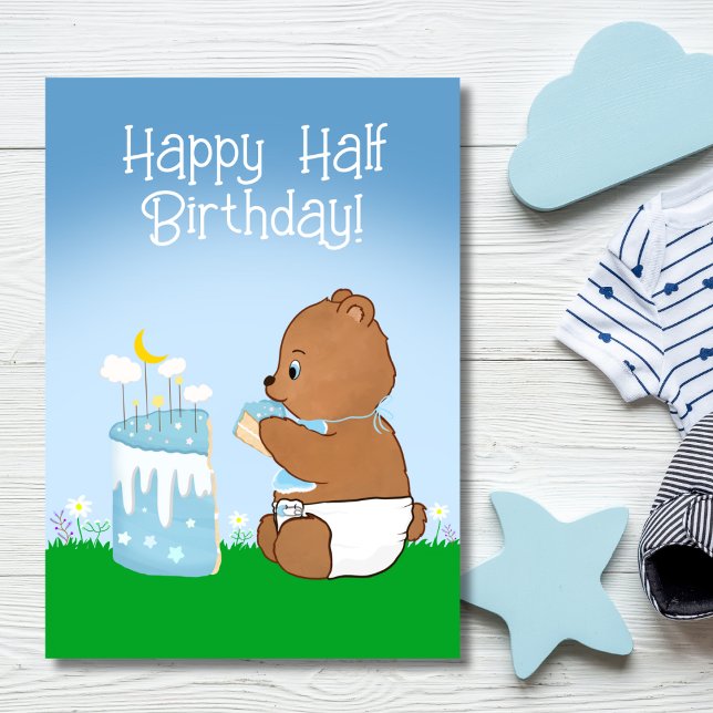 Happy Half Birthday Teddy Bear Eating Cake Card (Creator Uploaded)