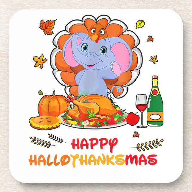 Happy Hallo Thanks Mas Elephant Thanksgiving Gift Coaster (Front)