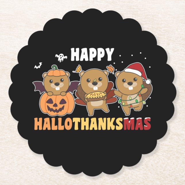 Happy Hallothanksmas Beaver Christmas Beaver Paper Coaster (Front)