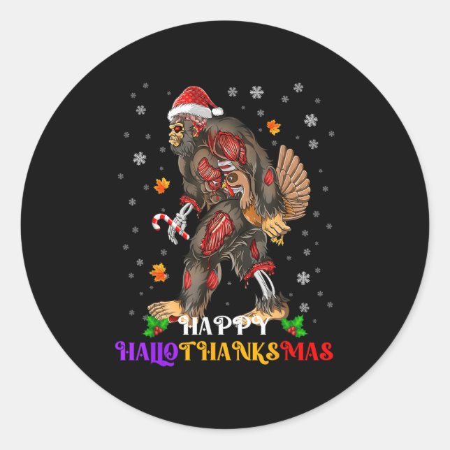 Happy Hallothanksmas Bigfoot Halloween Thanksgivin Classic Round Sticker (Front)