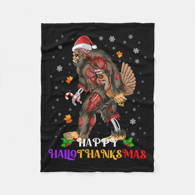 Happy Hallothanksmas Bigfoot Halloween Thanksgivin Fleece Blanket (Front)
