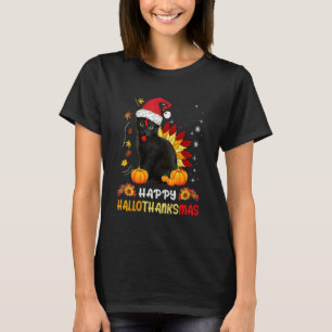 Happy Hallothanksmas  Black Cat Halloween Thanksgi T-Shirt