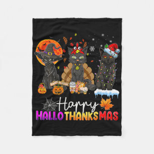 Happy Hallothanksmas Black Cat Halloween Thanksgiv Fleece Blanket