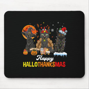 Happy Hallothanksmas Black Cat Halloween Thanksgiv Mouse Pad