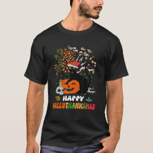 Happy Hallothanksmas Black Cat Halloween Thanksgiv T-Shirt