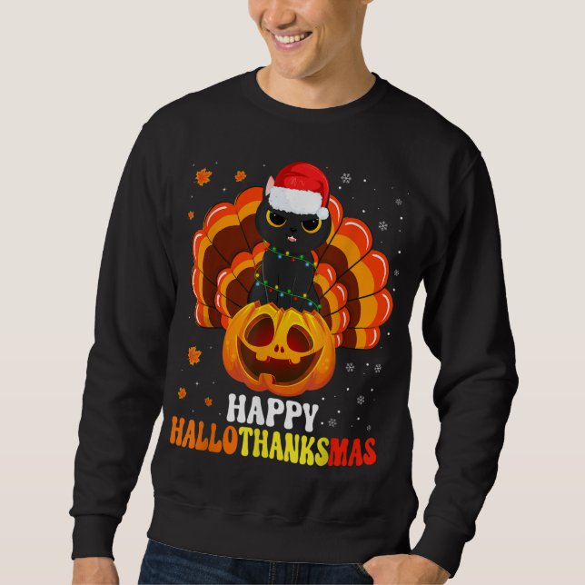 Happy Hallothanksmas Black Cat Lover Santa Pumpkin Sweatshirt (Front)