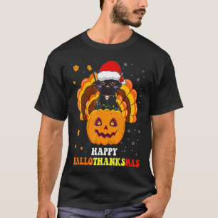 Happy Hallothanksmas Black Cat Lover Santa Pumpkin T-Shirt