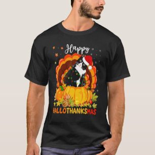 Happy Hallothanksmas Black Cat Pumpkin Santa Hat T T-Shirt