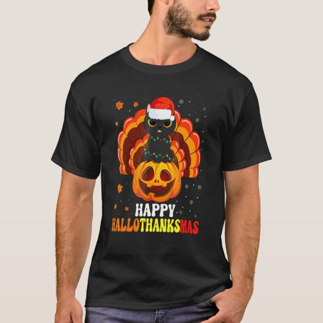 Happy Hallothanksmas Black Cat Santa Pumpkin Turke T-Shirt (Front)
