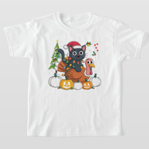 Happy HalloThanksMas Black Cat Turkey Pumpkins T-Shirt
