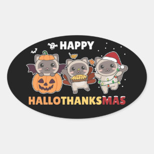 Happy Hallothanksmas Cat Christmas Elephant Classi Oval Sticker