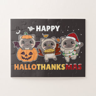 Happy Hallothanksmas Cat Christmas Elephant Jigsaw Puzzle