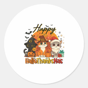 Happy Hallothanksmas Cat Halloween Christmas Thank Classic Round Sticker