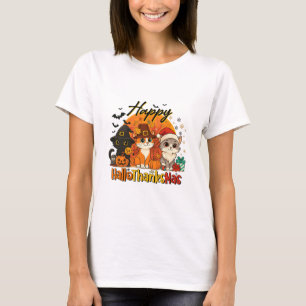 Happy Hallothanksmas Cat Halloween Christmas Thank T-Shirt