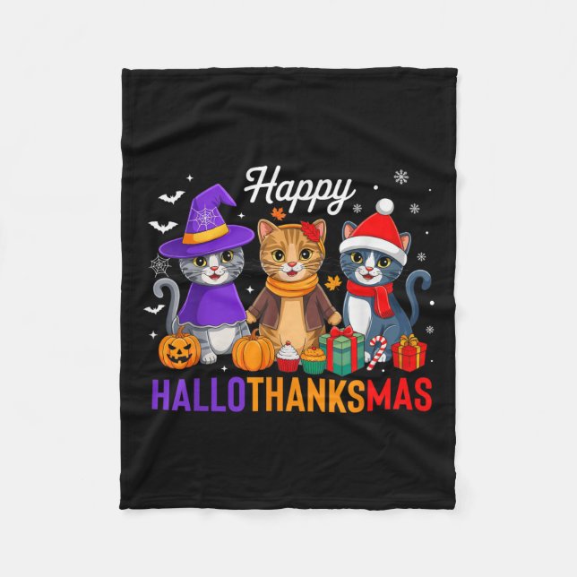 Happy Hallothanksmas Cat Halloween Thanksgiving Ch Fleece Blanket (Front)