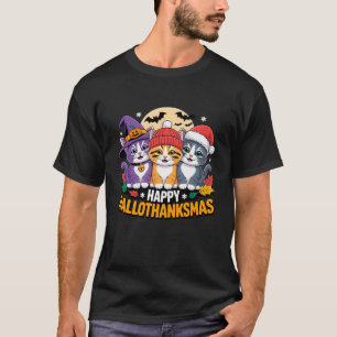Happy Hallothanksmas Cat Trio Holidays Friends Mat T-Shirt