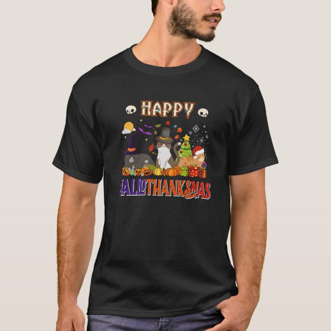 Happy Hallothanksmas Cat Witch Santa Hat Pumpkin C T-Shirt (Front)