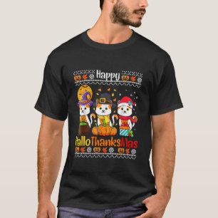 Happy HalloThanksMas Cats Fall  Thanksgiving Chris T-Shirt
