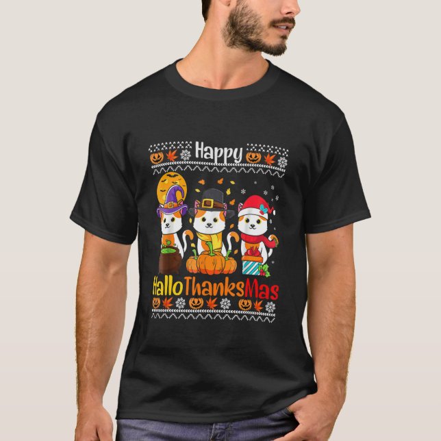 Happy HalloThanksMas Cats Fall  Thanksgiving Chris T-Shirt (Front)