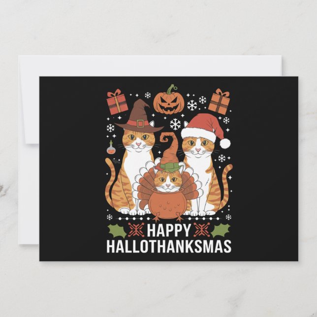 Happy Hallothanksmas Cats Halloween Christmas  Holiday Card (Front)