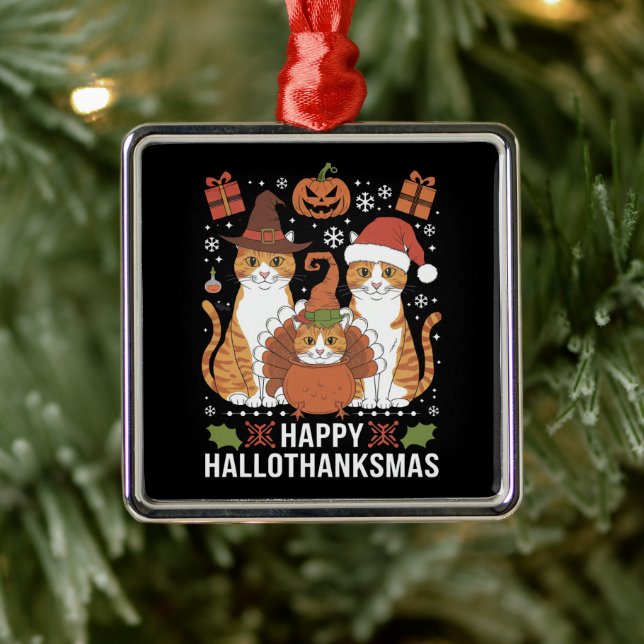Happy Hallothanksmas Cats Halloween Christmas  Metal Ornament (Tree)