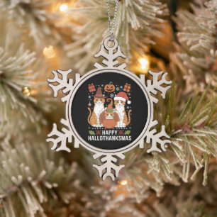 Happy Hallothanksmas Cats Halloween Christmas Snowflake Pewter Christmas Ornament