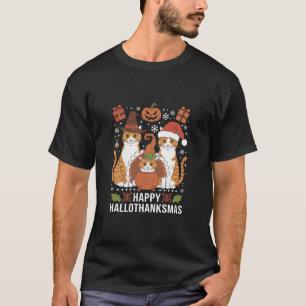Happy Hallothanksmas Cats Halloween Christmas T-Shirt