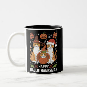 Happy Hallothanksmas Cats Halloween Christmas Two-Tone Coffee Mug