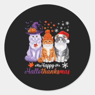 Happy Hallothanksmas Cats Halloween Thanksgiving C Classic Round Sticker