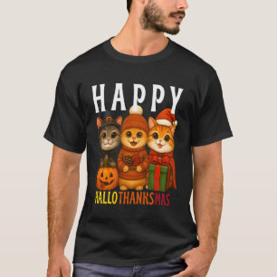 Happy Hallothanksmas Cats Halloween Thanksgiving C T-Shirt