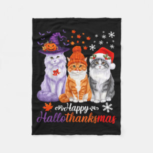 Happy HalloThanksMas Cats Halloween Thanksgiving Fleece Blanket