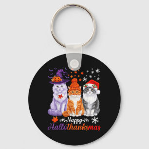 Happy HalloThanksMas Cats Halloween Thanksgiving Key Ring