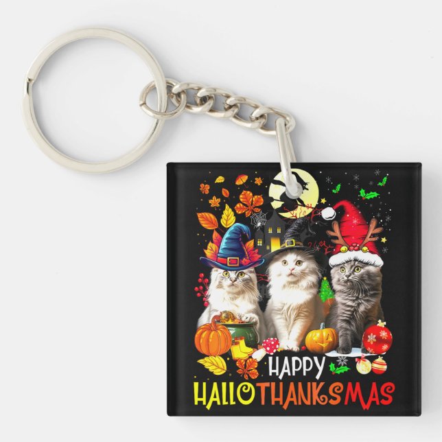  Happy HalloThanksMas Cats Key Ring (Front)