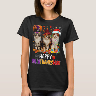 Happy Hallothanksmas Cats Lover Halloween Merry Ch T-Shirt