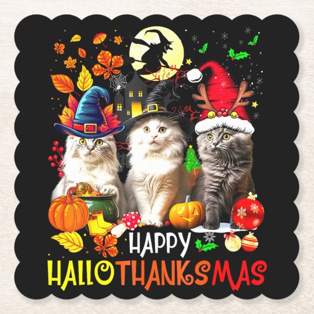  Happy HalloThanksMas Cats Paper Coaster (Front)