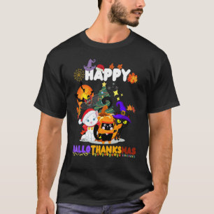 Happy Hallothanksmas Cats Witch Santa Hat Pumpkin T-Shirt