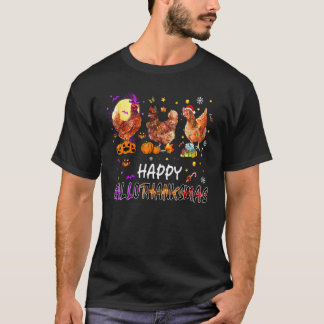 Happy Hallothanksmas Chicken Witch Santa Hat Pumpk T-Shirt