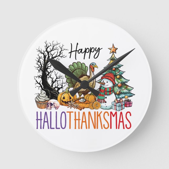 Happy Hallothanksmas Clipart Round Clock (Front)