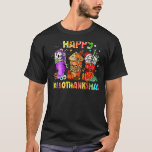 Happy Hallothanksmas Coffee Latte Witch Santa Hat T-Shirt