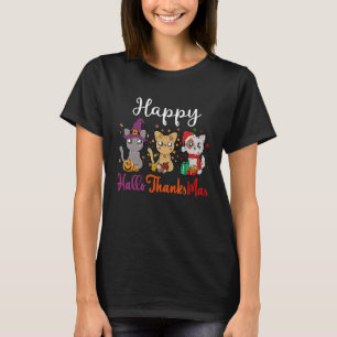 Happy Hallothanksmas Cute Cat Halloween Thanksgivi T-Shirt