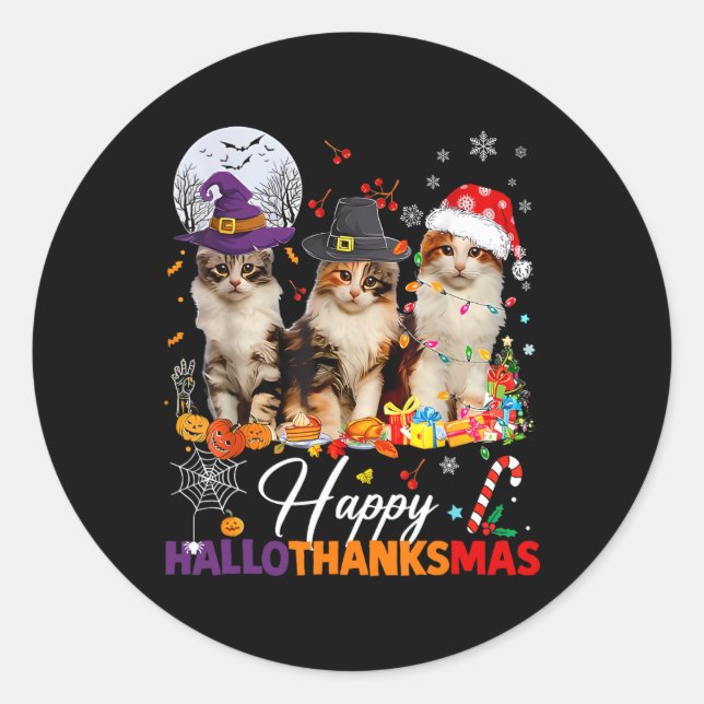 Happy Hallothanksmas Cute Cats Halloween Thanksgiv Classic Round Sticker (Front)