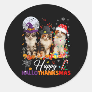 Happy Hallothanksmas Cute Cats Halloween Thanksgiv Classic Round Sticker